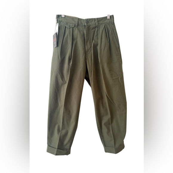 Beams Plus Pleated Chino Trousers Cotton Olive Green Size Medium NWT